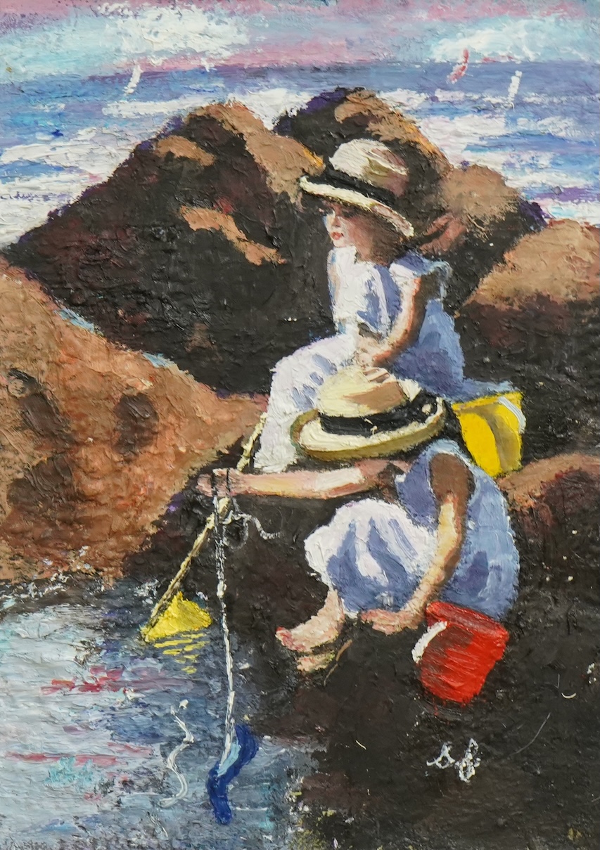 Sharyn Jennings (British, 20th C.) Sister of Sherree Valentine Daines, Children rock pooling, oil on board, 31 x 22cm